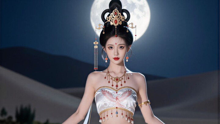 Silver light surges like a tide, washing over the desolation of the sand sea — Moonlit Dancer — Full