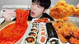 ASMR MUKBANG | 직접 만든 치즈 불닭볶음면 양념치킨 스팸 김밥 먹방 FRIED CHICKEN AND FIRE NOODLES