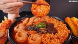 ASMR Mukbang | Spicy Mushrooms & Dumpling Noodles Kimchi Fried Potato Eating 불닭 버섯 만두전골 회오리 감자 먹방!