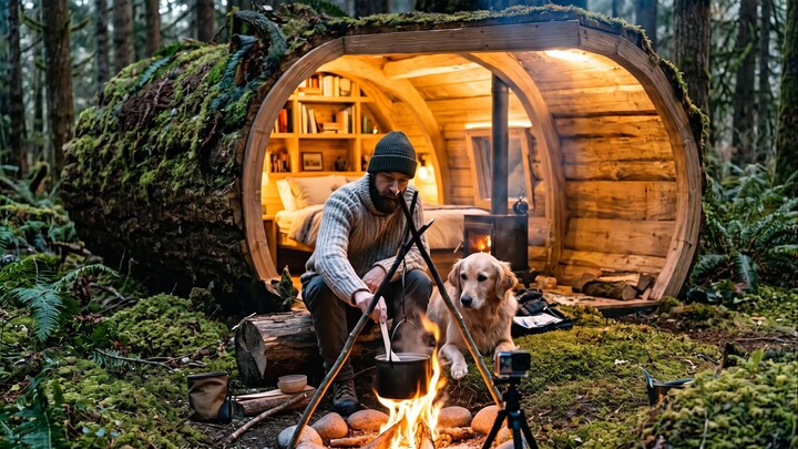 Building a Cozy Off-Grid Cabin Inside a Giant Tree Log 🌲