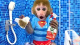 Monkey Baby Bon Bon Bathing in the Pool And Eat Square Watermelon With Ducklings In The Dining Room