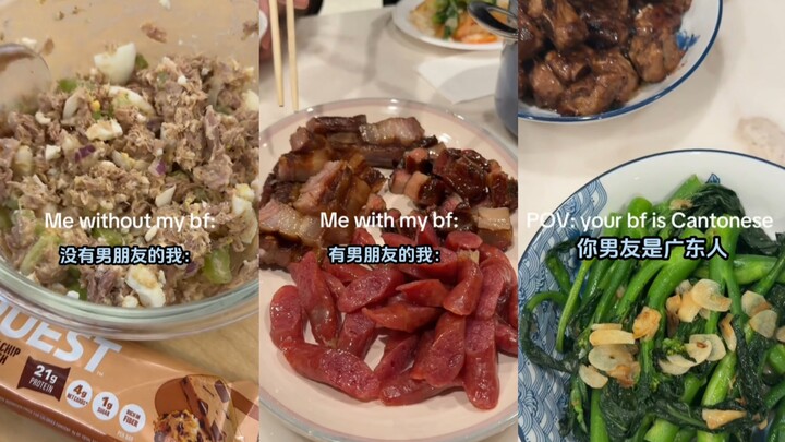 A foreign woman on TikTok shares a before-and-after comparison of the meals she’s eaten with and wit