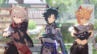 Xiao, Aether & Kazuha dancing with cat ears and tails|<Genshin Impact>