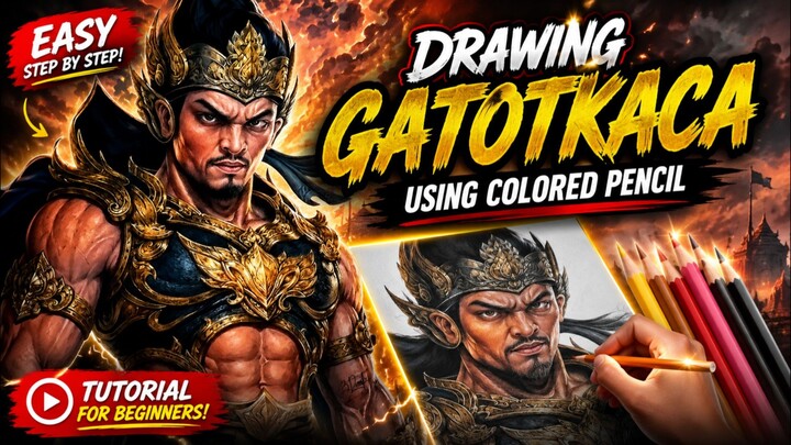 Drawing Gatotkaca using coloured pencils