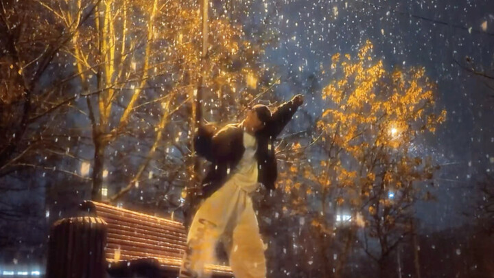 Ditto di bawah lampu jalan dalam hujan salju lebat, seolah menari di dalam bola kristal.