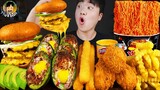 ASMR MUKBANG 직접 만든 치즈 햄버거 치즈스틱 불닭볶음면 치킨먹방! & 레시피 FIRE NOODLES AND CHEESE BURGER EATING SOUND!