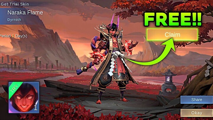 FREE!! HOW TO GET TRIAL CARD OF DYRROTH NEW COLLECTOR SKIN "NARAKA FLAME" FOR FREE! - MOBILE LEGENDS