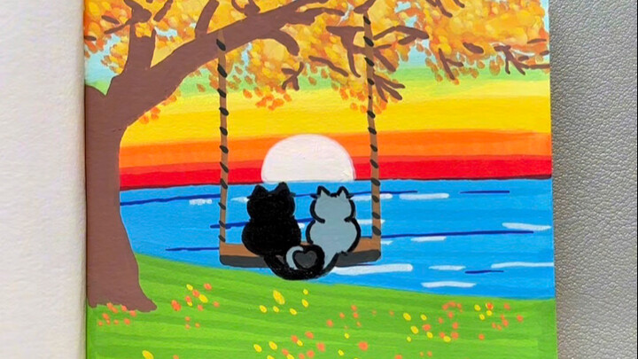 Bút marker acrylic vẽ mèo chơi xích đu mùa thu, dễ thương và đầy cảm giác chữa lành, mau mau nộp bài