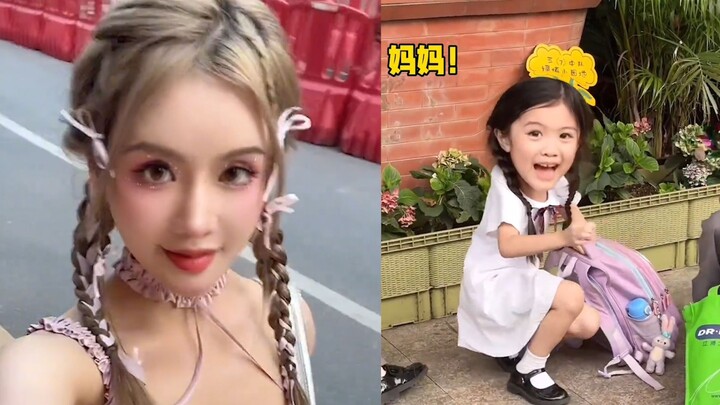 Ibu berdandan manis seperti gadis manis untuk menjemput putrinya pulang sekolah, mata sang anak berb