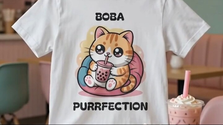 Cute Cat Boba T-Shirt, Fun Gift for Cat Lovers, Casual Wear, Sweet Gift