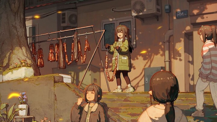 Before the Lunar New Year, I saw a little girl getting ready to hang sausages out to dry.