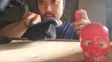 ASMR SOUR STRAWBERRY SCARY SKULL SPRAY CANDY & BRUSHING WOODEN TABLE