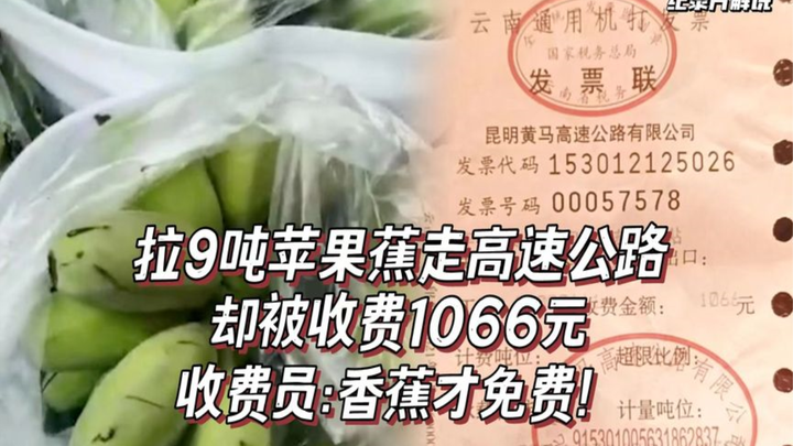 A man transporting 9 tons of apple bananas was charged 1,066 yuan via the expressway green pass. The
