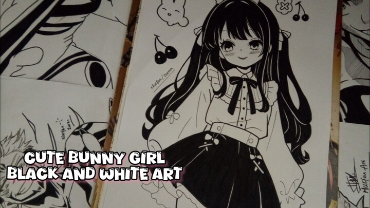 Cute Bunny Girl || Black and White Art!(SPEED DRAWING)
