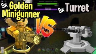 5 Golden Minigunner vs 5 Turret BEST FIRE RATE GOES TO? | Tower Defense Simulator | ROBLOX