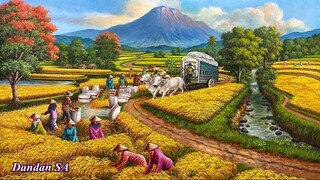 LUKISAN PANEN PADI DENGAN PEMANDANGAN SUNGAI AIR MENGALIR Karya DANDAN SA (part 3)