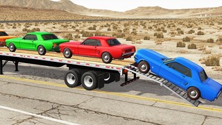 Muscle Cars Transportation with Truck on Flatbed Trailer - Car vs Speed Bump | BeamNG.Drive