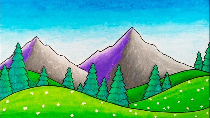 Menggambar pemandangan gunung || Cara menggambar dan mewarnai pemandangan alam