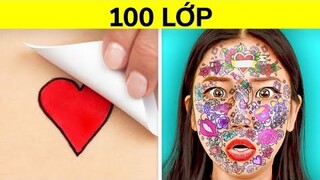 THỬ THÁCH 100 LỚP! 100 Lớp Trang Điểm, Tóc Tai, Băng Dính Và Hình Xăm Cực Chất Từ 123 GO! CHALLENGE