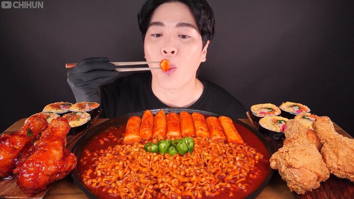 ASMR MUKBANG | SPICY FRIED CHICKEN 🍗 FIRE NOODLES TTEOKBOKKI EATING by Chihun ASMR 치훈