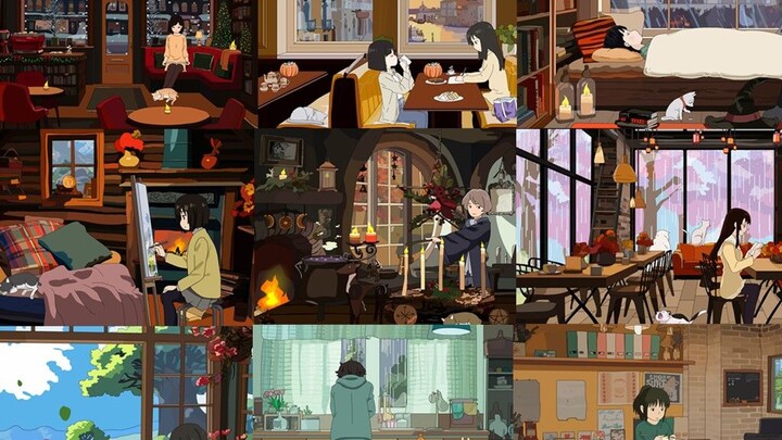[White noise animation collection] 45 minutes of sedentary reminder//raining sound/book turning soun