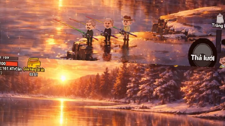 Hoàng hôn mùa đông buông xuống mặt hồ tĩnh lặng, ba cần câu – một khoảnh khắc bình yên giữa thế giới