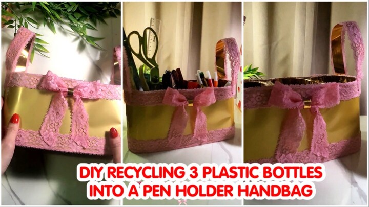 DIY Recycling 3 plastic bottles into a gold pen holder bag 😍#dıy #craft #creative #crafting #fy