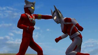 Leo Ultraman challenges Ultraman to the ground with a kick