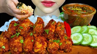 MUKBANG EATING||SPICY FRIED CHICKEN WINGS CURRY, ROSELLE LEAVES SOUP & WHITE RICE