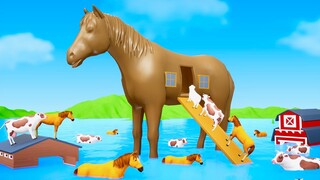 Giant Horse Mud House In the Floods | Funny Animals Farm in the Floods | 3D Animated Cartoon Videos