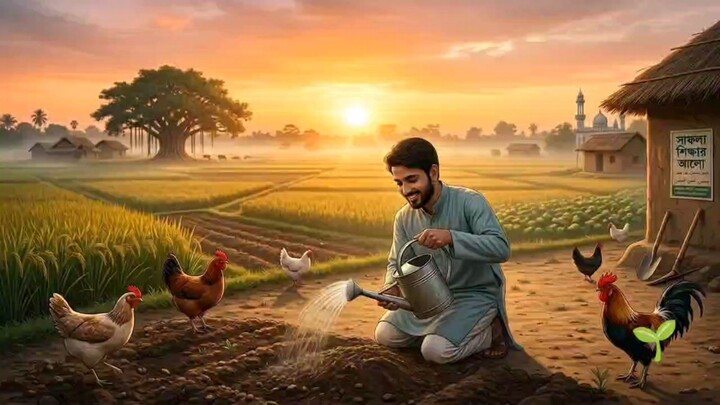 An animated cartoon of watering a tree and a seedling emerging from the soil. Ai Video