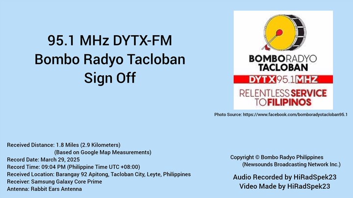 95.1 MHz DYTX-FM Bombo Radyo Tacloban Sign Off