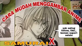 cara mudah menggambar anime samurai x.  menggambar seadanya nya. badan lagi ngak fitt🤒