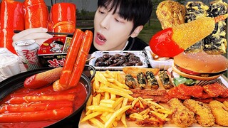 ASMR MUKBANG 직접 만든 불닭 떡볶이 핫도그 양념치킨 김밥 먹방 & 레시피 FRIED CHICKEN AND FIRE Tteokbokki EATING