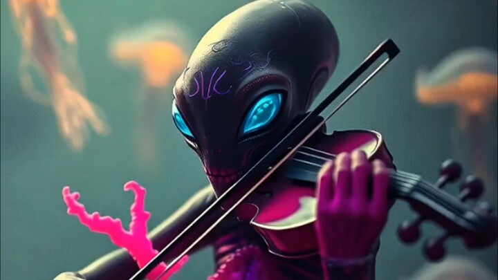 alien under water playing violin