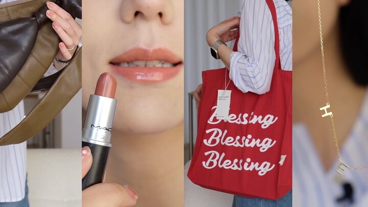 Item dasar favorit selama beberapa tahun ini! Lipstik, T-shirt putih, tas kanvas, tas kerja besar, k