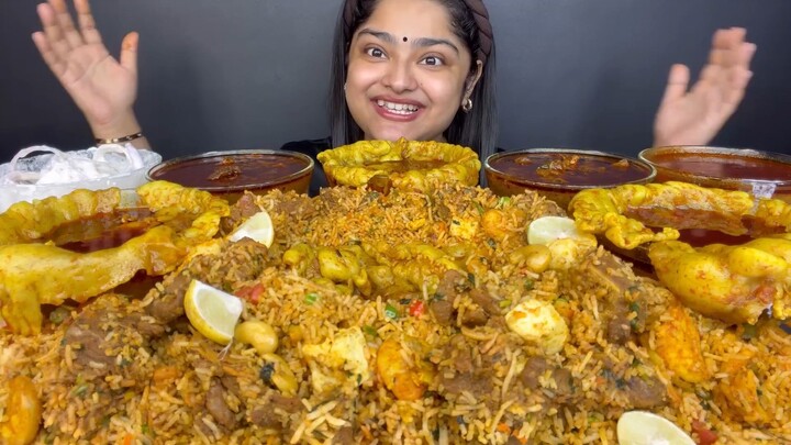 SPICY MUTTON FAT CHICKEN WITH MIXED DUM BIRYANI (MUTTON BIRYANI, PANEER AND VEGETABLE BIRYANI) ASMR
