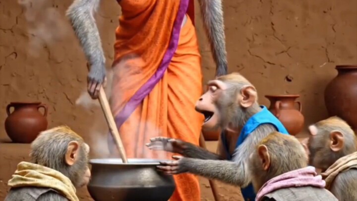 khana bana rahe h monkeys