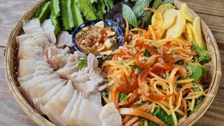 Đu đủ mắm tép đọt chùm ruột. Thịt luộc mắm cá cơm rau sống - Bin Đen Miền Tây # 133