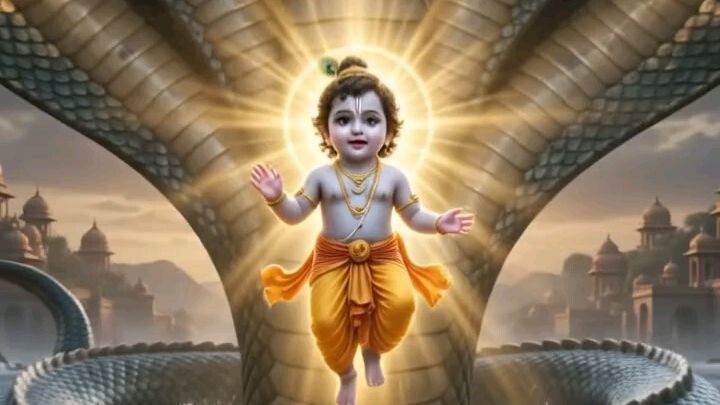 🌊 Lord Krishna’s Divine Journey | Protected by Sheshnag 🐍🦚🙏