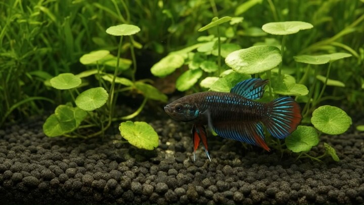 Betta Imbellis nadando de forma natural en acuario plantado
