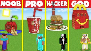 Minecraft Battle: FOOD STATUE BASE HOUSE BUILD CHALLENGE - NOOB vs PRO vs HACKER vs GOD / Animation