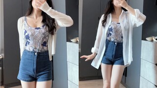 155 Small fat sun protection white shirt jumpsuit suspenders jeans outfit