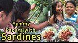 WOOD COOKING- Papaya with sardines mukbang- by Axel and Vian-(Mommy Jeng-Jena Almoite Diaz)