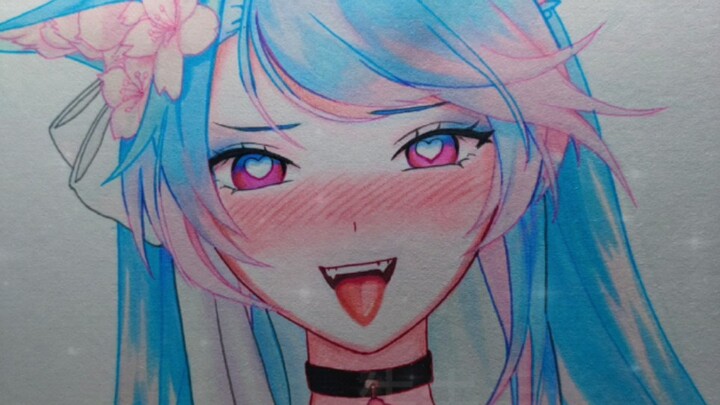 ارسم روح الذئب المزهرة بالكرز مع قلب في عينيها