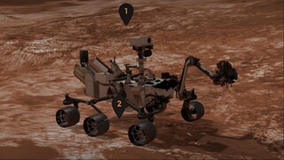 Mars rover Curiosity takes pictures of the surface of Mars and takes soil samples
