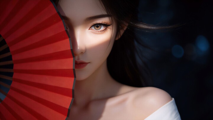 [8K Selection & Collection] A red fan half遮ys her face, yet her peerless beauty remains unveiled | F