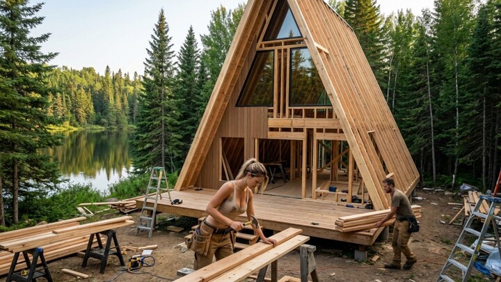 一对夫妇建造了一座带有巨大玻璃窗的A字形小木屋。