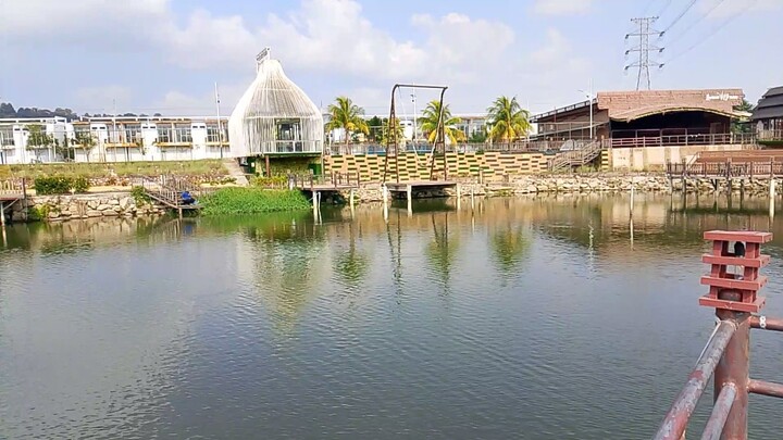 suasana tepi kolam tempat bersantai sambil memancing