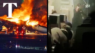 Moment Japan Airlines plane evacuated after explosion in Tokyo
